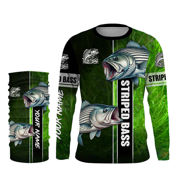 Striped Bass Striper fishing green shirt Custom name UV Long Sleeve Fishing Shirts, fishing gifts NQS2340