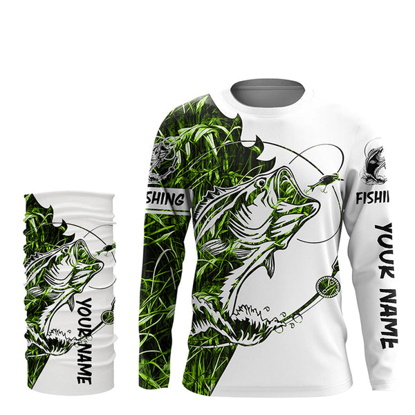 Green camo Largemouth Bass fishing Long Sleeve Custom fishing shirts for men, women, Kid NQSD89