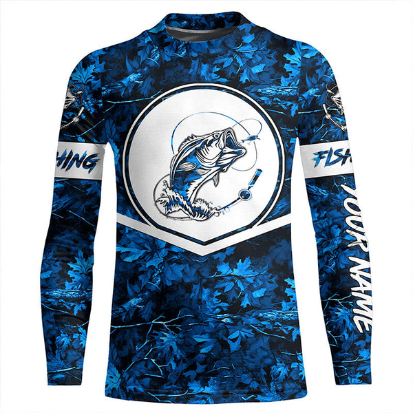 Largemouth Bass fishing blue camo personalized fishing apparel UV protection custom name fishing shirt NQS1412
