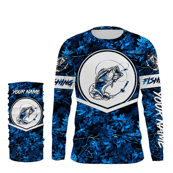 Largemouth Bass fishing blue camo personalized fishing apparel UV protection custom name fishing shirt NQS1412