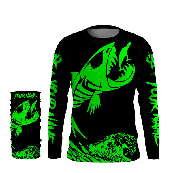 Fish skeleton reaper green black sun protection performance custom name long sleeve fishing jerseys NQS3578