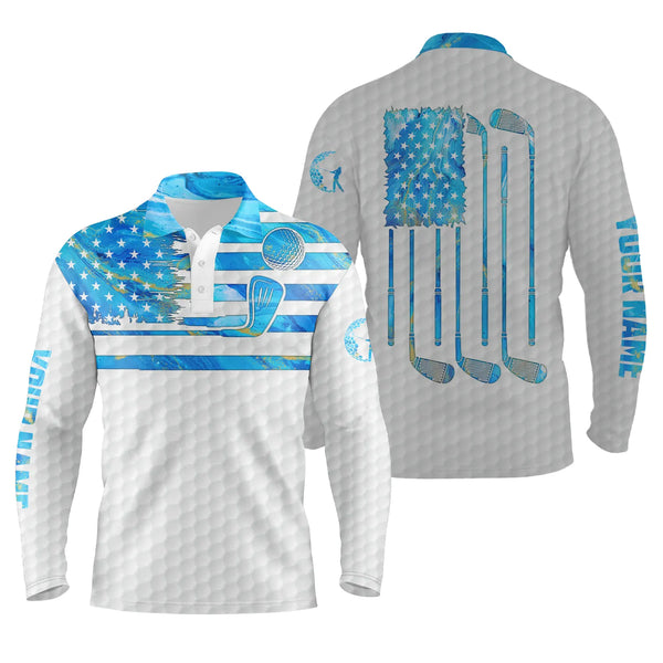 Blue watercolor American flag patriotic Men golf polo shirts custom name white golf polo shirt mens NQS4881