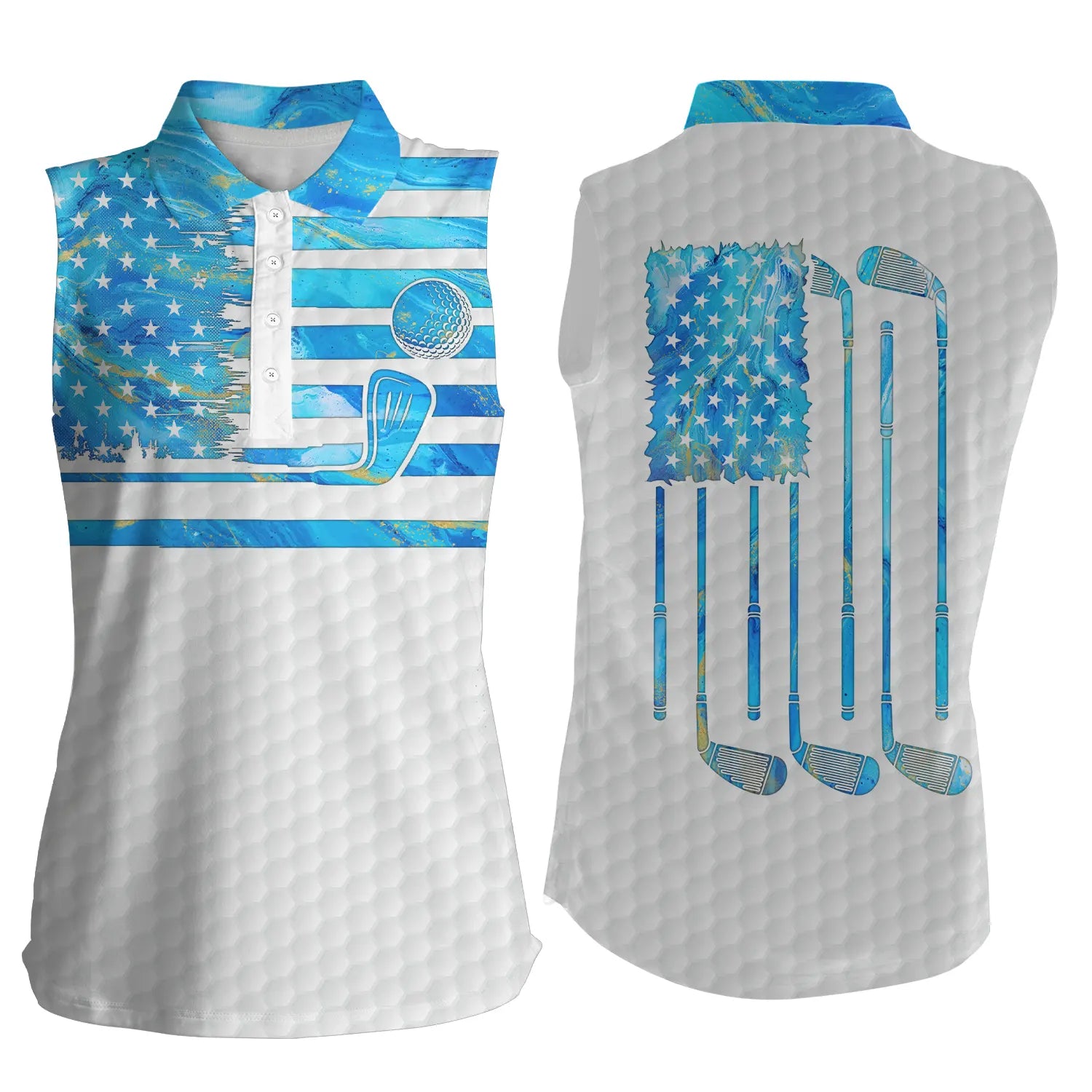 Blue watercolor American flag patriotic womens sleeveless polo shirt white golf polo shirt golf gifts NQS4881