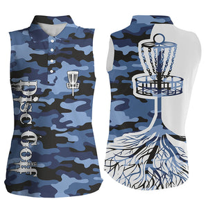 Womens disc golf sleeveless polo shirt blue camo disc golf basket, camo disc golf shirts NQS5698