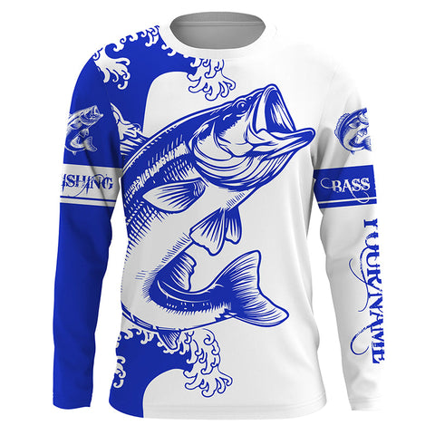 Personalized Largemouth bass fishing tattoo jerseys, Bass Long Sleeve Fishing tournament shirts | Blue NQS3733