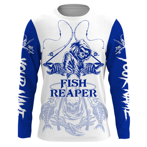 Fish reaper fishing blue shirt Customize Name Long Sleeve Fishing Shirts UV protection UPF 30+  fishing gift for men, women, Kid NQS2484