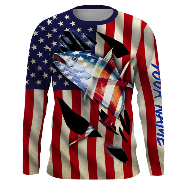 Tuna Fishing American Flag Custom Long Sleeve performance Fishing Shirts, Personalized Fishing gifts Fishing jerseys - NQS2806