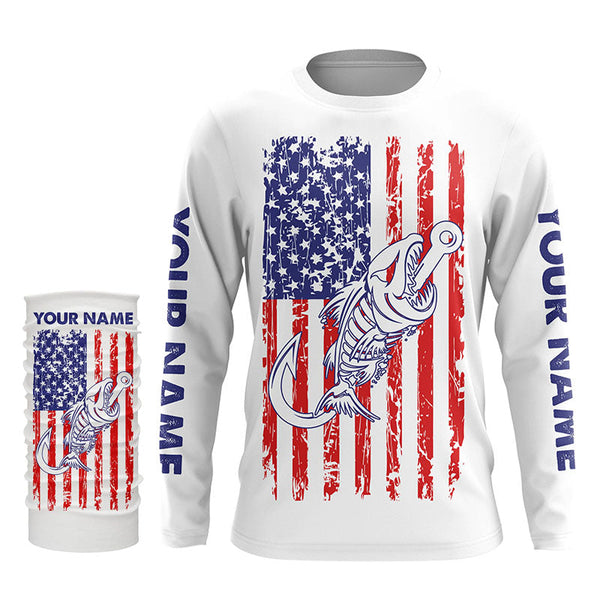 American flag fishing Fish hook skull Custom mens patriotic long sleeve sun protection fishing shirts NQS5934