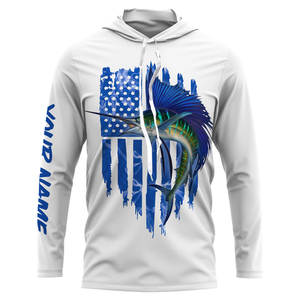 Sailfish fishing blue American flag patriotic fishing jersey UV protection Customize name long sleeves UPF 30+ gift for fisherman NQS2353