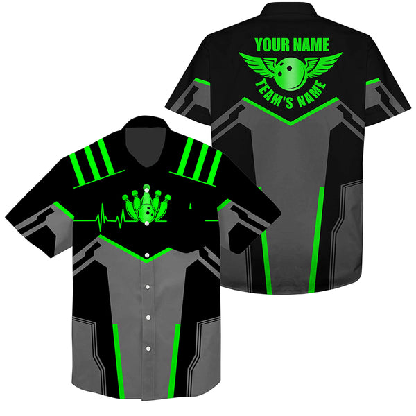 Bowling Hawaiian Shirt custom name and team name Bowling Ball and Pins, team bowling shirts | Green NQS4530