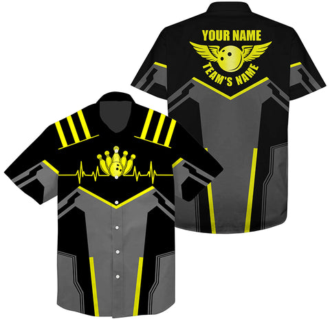 Bowling Hawaiian Shirt custom name and team name Bowling Ball and Pins, team bowling shirts | Yellow NQS4531