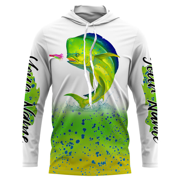 Mahi mahi ( Dorado) fishing green scales Custom Name long sleeves, hooded fishing shirt, Personalized Gifts for Fisherman NQS2937