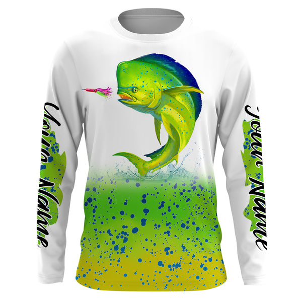 Mahi mahi ( Dorado) fishing green scales Custom Name long sleeves, hooded fishing shirt, Personalized Gifts for Fisherman NQS2937