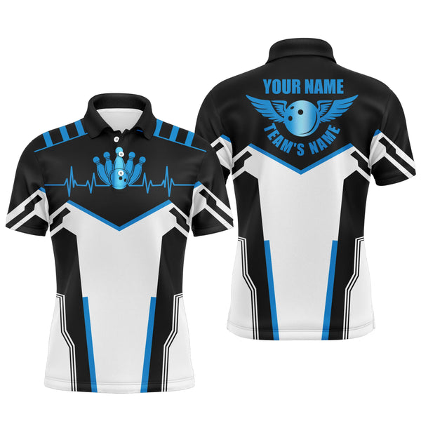 Black and white Bowling shirts for men custom name, team name Bowling Ball & Pins mens polo shirts NQS4899