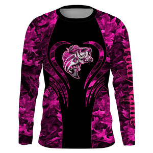 Bass fishing pink girl camo shirt Custom name Long Sleeve Fishing Shirts, fishing gifts for women, kid NQS1642