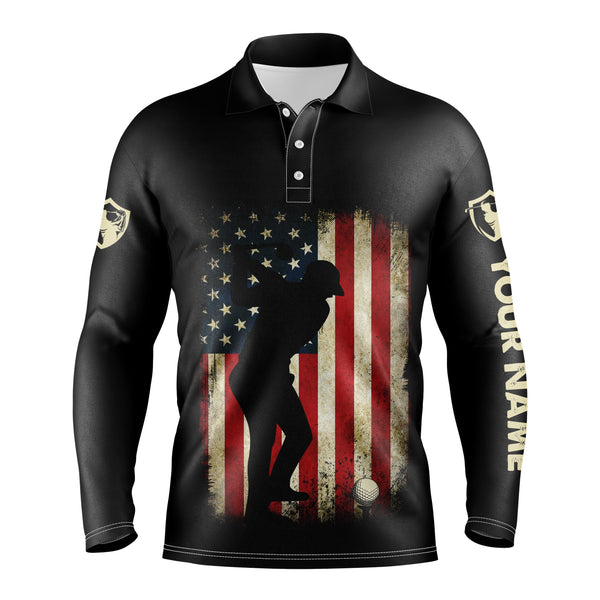 Vintage American flag patriotic US flag custom name black golf polo shirts - golf gift ideas for him NQS3594