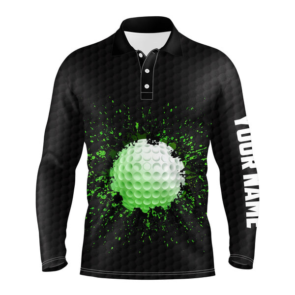 Long sleeve golf polo shirts for mens custom name black splatter golf shirts - gifts for the golfer NQS3595