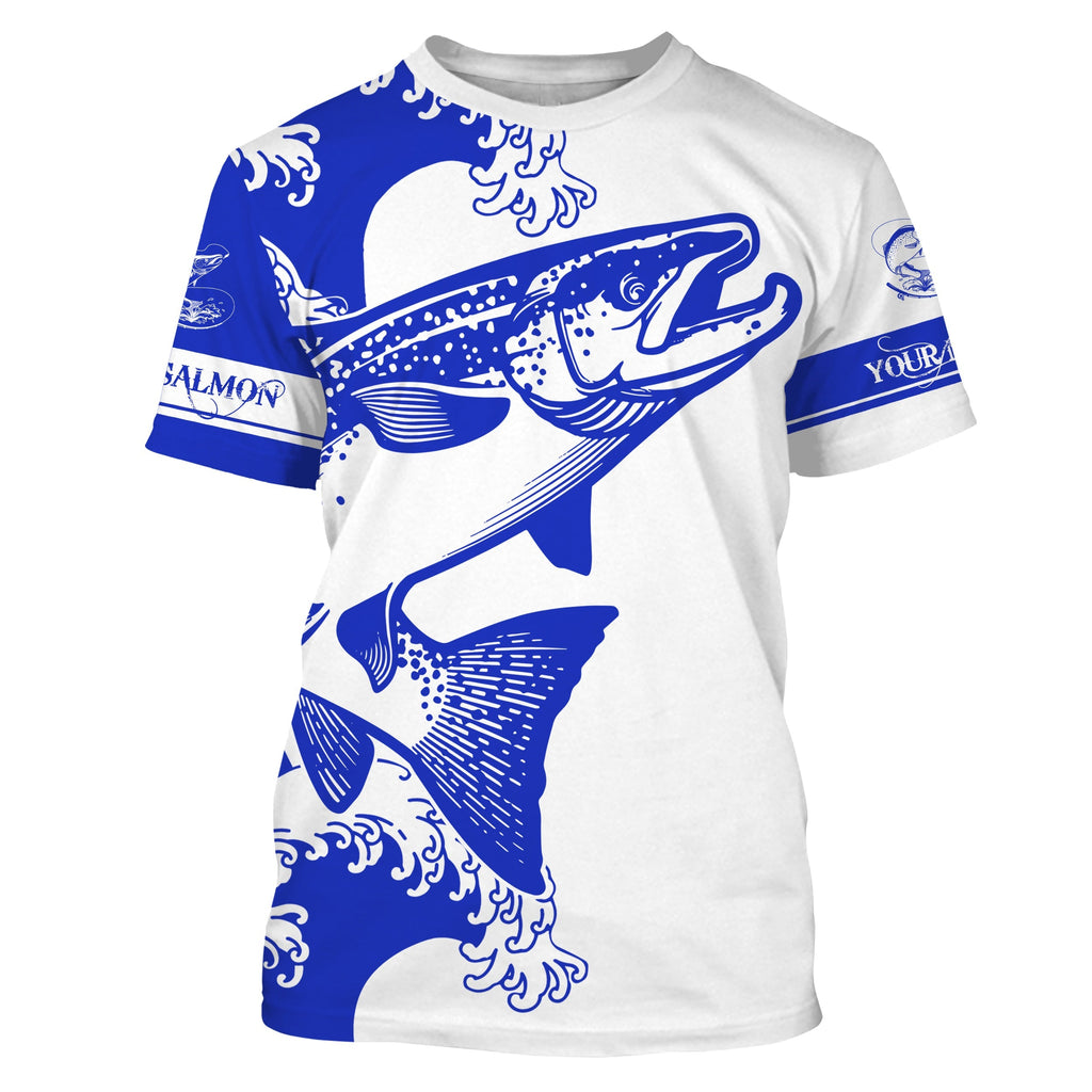 Personalized King Salmon Fishing Tattoo Jerseys, Salmon Long Sleeve Fishing Tournament Shirts | Blue NQS3737, Kid Long Sleeves UPF / M