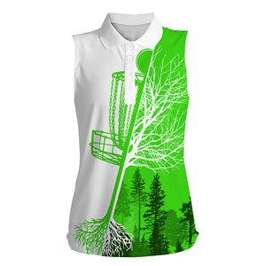 Womens disc golf sleeveless polo shirt green & white disc golf basket, disc golf shirts NQS4545