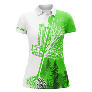 Womens disc golf polo shirt custom name green & white disc golf basket, personalized disc golf shirts NQS4545