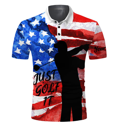 Mens patriotic golf polo shirt American flag Just golf it custom name unique gifts for golf lovers NQS3467