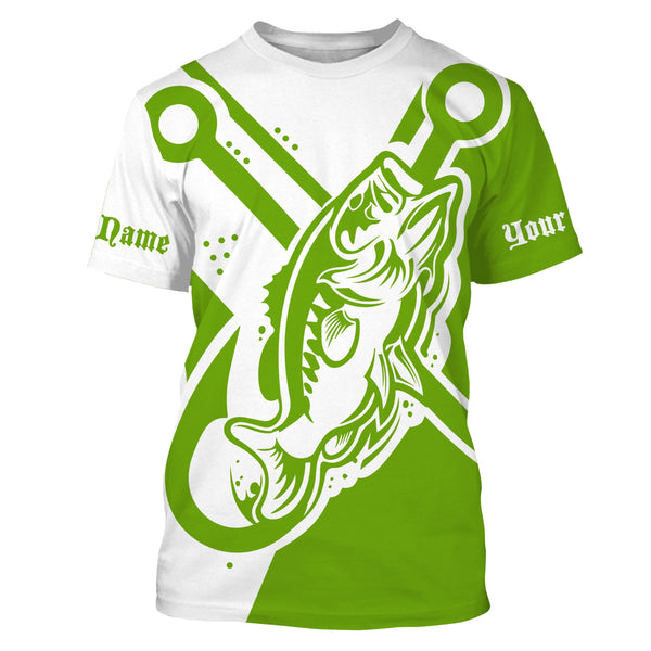 Largemouth bass fishing tattoo fish on Custom Name performance long sleeve fishing shirt | Green NQS3747