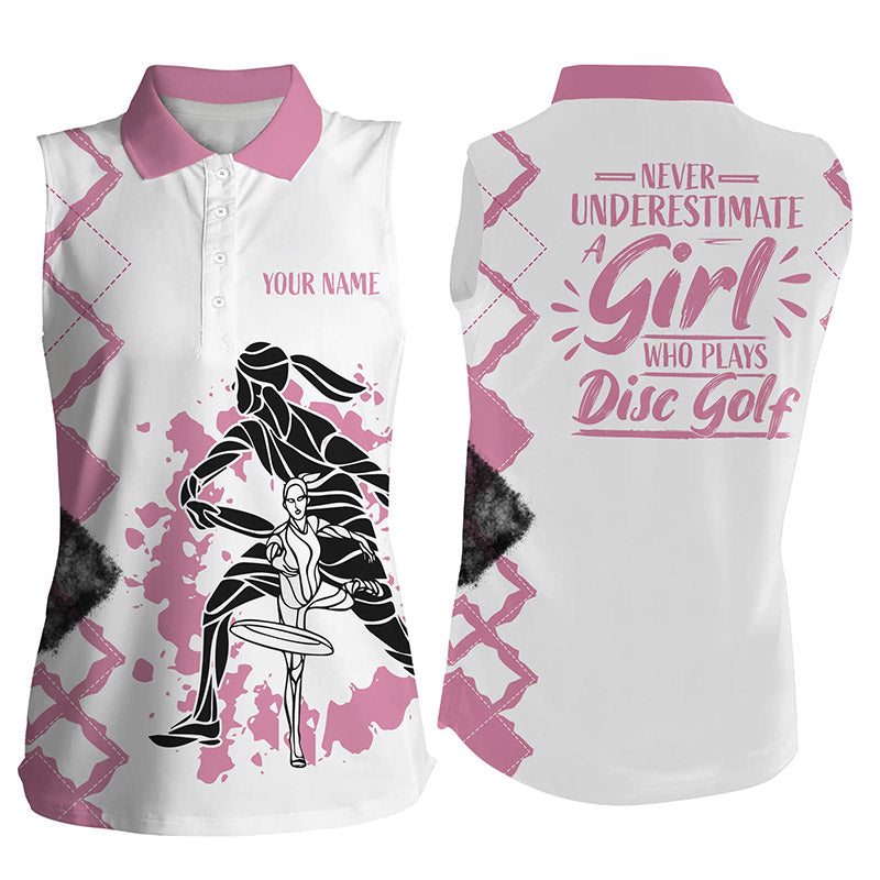 Funny pink Womens disc golf sleeveless polo custom name never underestimate a girl who plays disc golf NQS5237