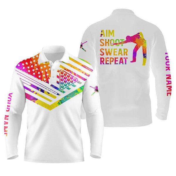 Billiards Polo Shirts for men, women watercolor American flag custom name aim shoot swear repeat NQS5239