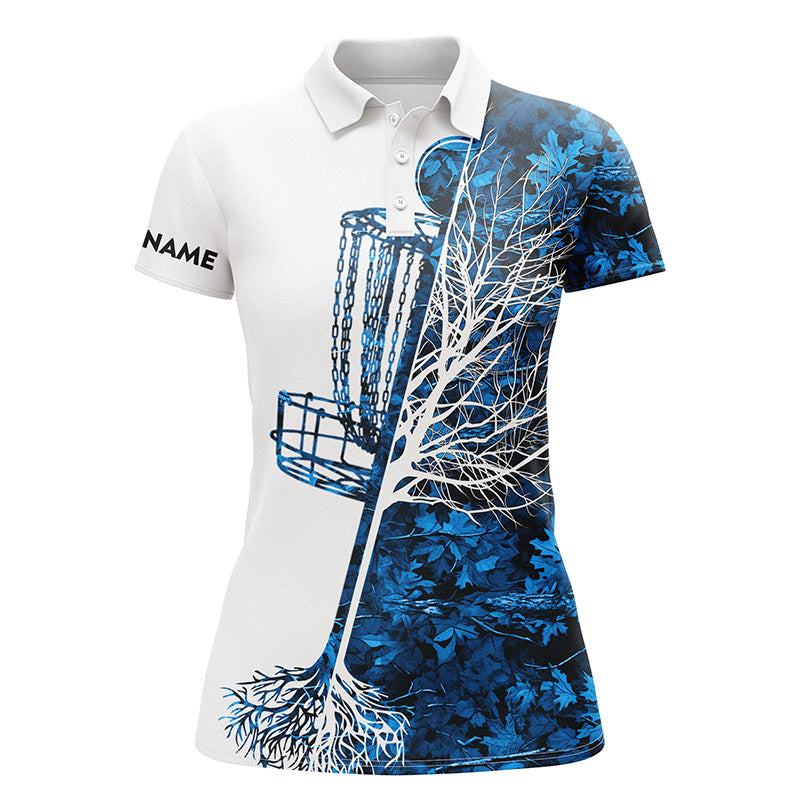 Womens disc golf polo shirt custom name blue camo disc golf basket, personalized disc golf shirts NQS4558