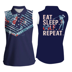 Hibiscus flower tropical American flag Womens sleeveless polo shirt eat sleep golf repeat golf tops NQS5480