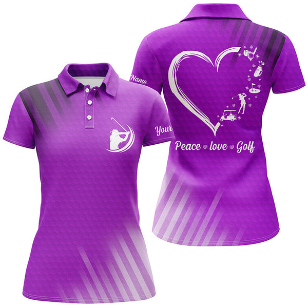 Custom name multi-color women golf polo shirts peace love golf, personalized best womens golf shirts NQS4355