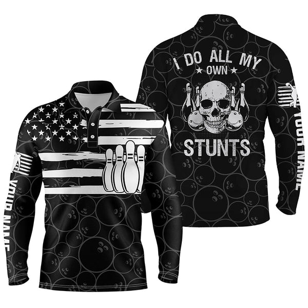 Black Mens polo bowling shirts Custom American flag patriotic I do all my own stunts skull Jerseys NQS5486