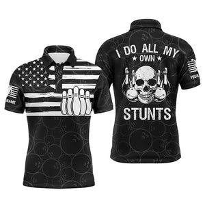 Black Mens polo bowling shirts Custom American flag patriotic I do all my own stunts skull Jerseys NQS5486