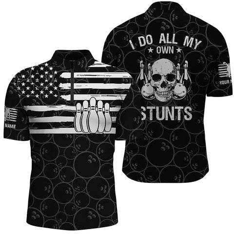 Men's bowling Quarter Zip shirts Custom American flag patriotic I do all my own stunts skull Jerseys NQS5486