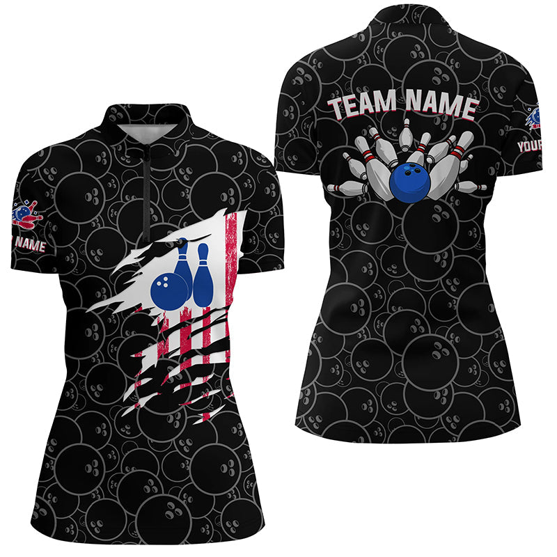 Bowling Quarter-Zip Shirt Women Bowling Jerseys Personalized American flag black Bowling Team Shirts NQS5491