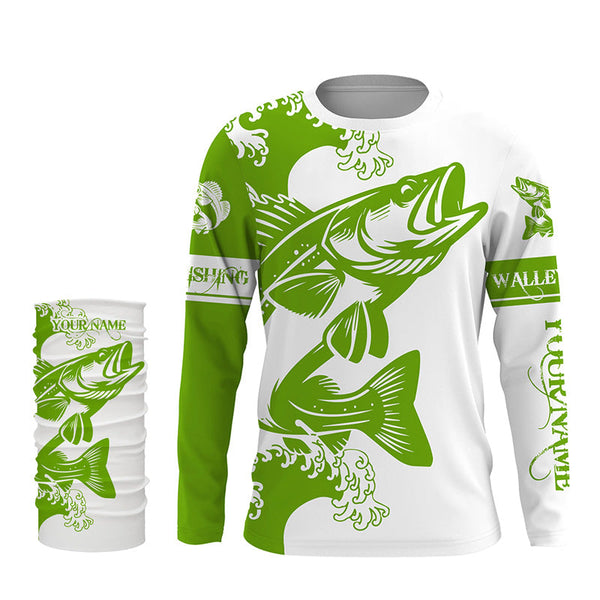 Personalized Walleye fishing tattoo jerseys, Walleye Long Sleeve Fishing tournament shirts | Green NQS3767