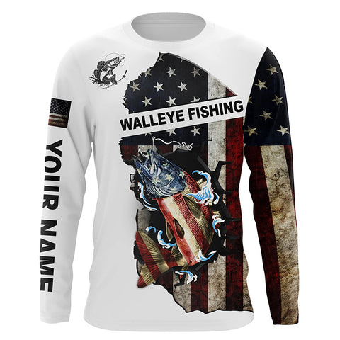 American flag Walleye patriotic fishing UV long sleeve shirts Custom name fishing apparel NQS2513