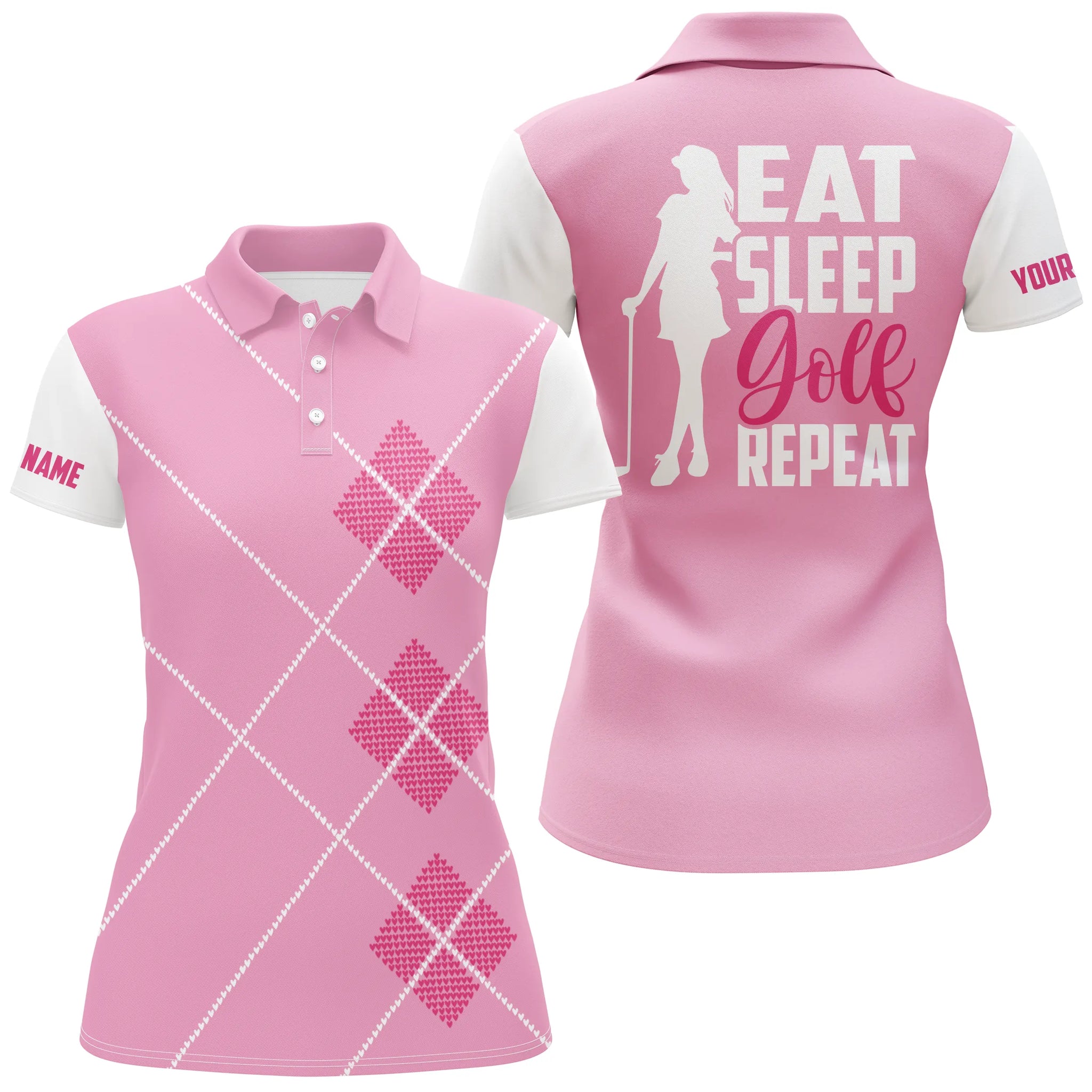 Women golf polo shirts custom name eat sleep golf repeat pink argyle pattern ladies golf top for women NQS4733