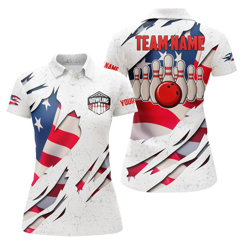 Custom Bowling shirts for women American flag patriotic Bowling Ball & Pins white womens polo Shirts NQS4954