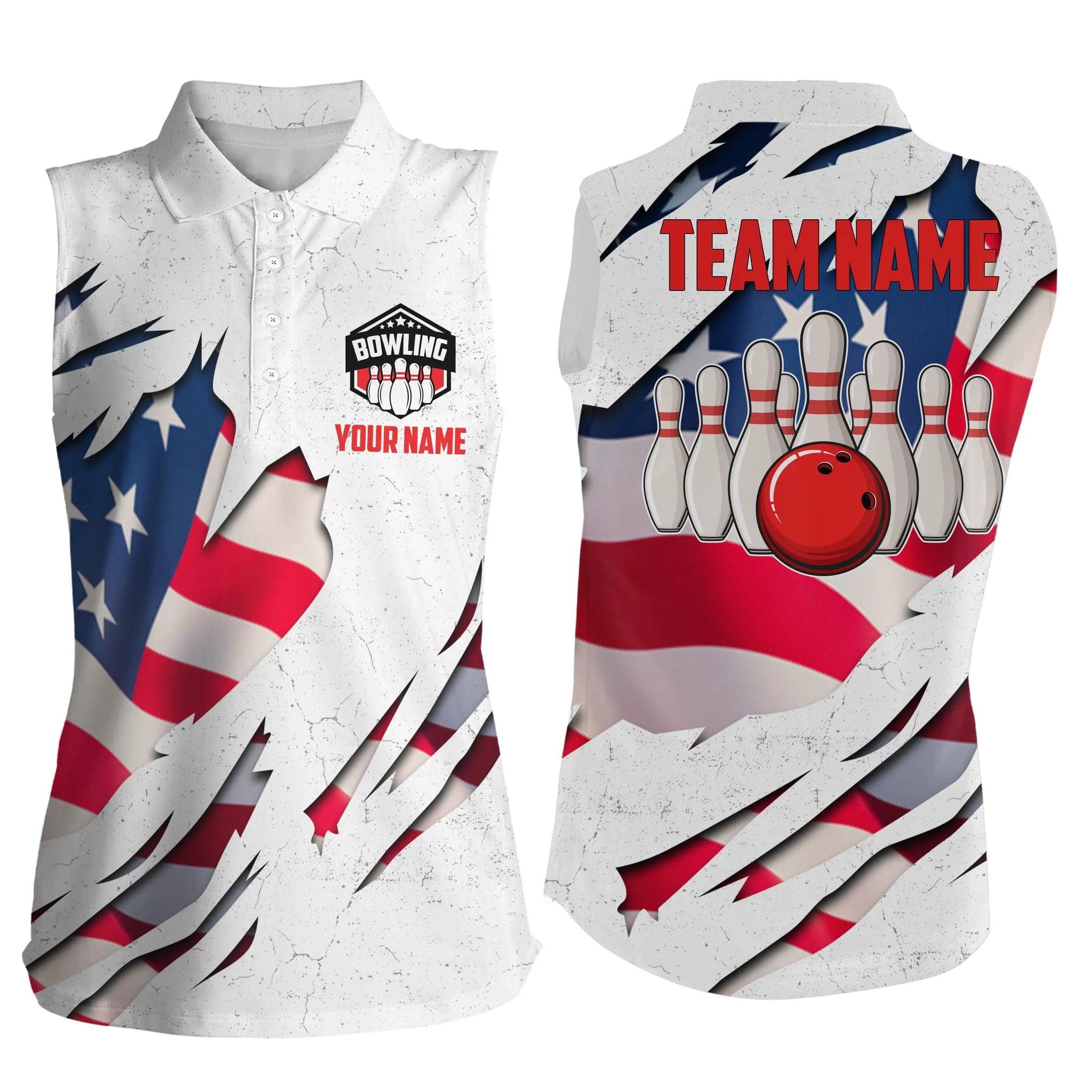 Custom Bowling shirts for women American flag patriotic Bowling Ball & Pins sleeveless polo Shirts NQS4954