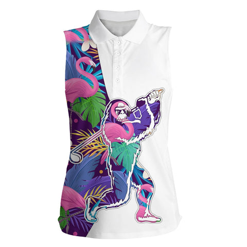 Bigfoot womens sleeveless golf polo shirt colorful tropical flamingo sasquatch playing golf apparel NQS5267