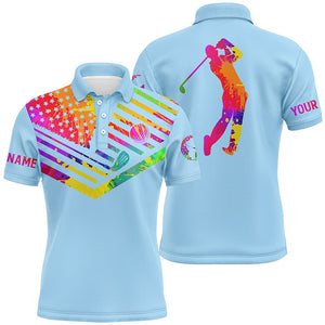 Mens golf polo shirt watercolor American flag custom name light blue golf shirt NQS3617