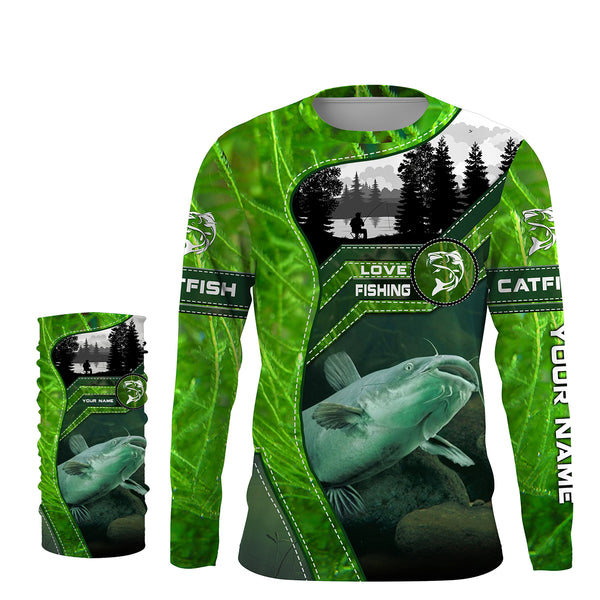 Catfish Fishing shirt green water camo UV protection quick dry Custom name long sleeves UPF 30+ fishing shirt for adult and Kid NQS2652