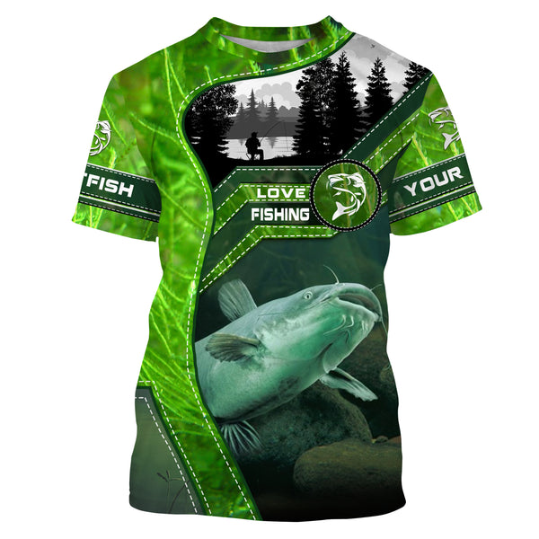 Catfish Fishing shirt green water camo UV protection quick dry Custom name long sleeves UPF 30+ fishing shirt for adult and Kid NQS2652