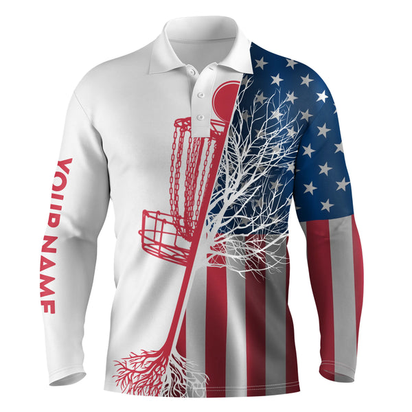 Mens disc golf polo shirt custom name American flag disc golf basket, personalized disc golf shirts NQS4738