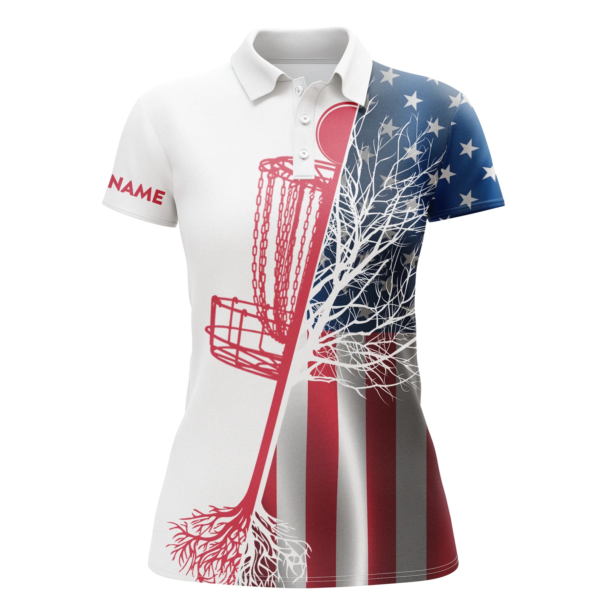 Womens disc golf polo shirt custom name American flag disc golf basket, personalized disc golf shirts NQS4738