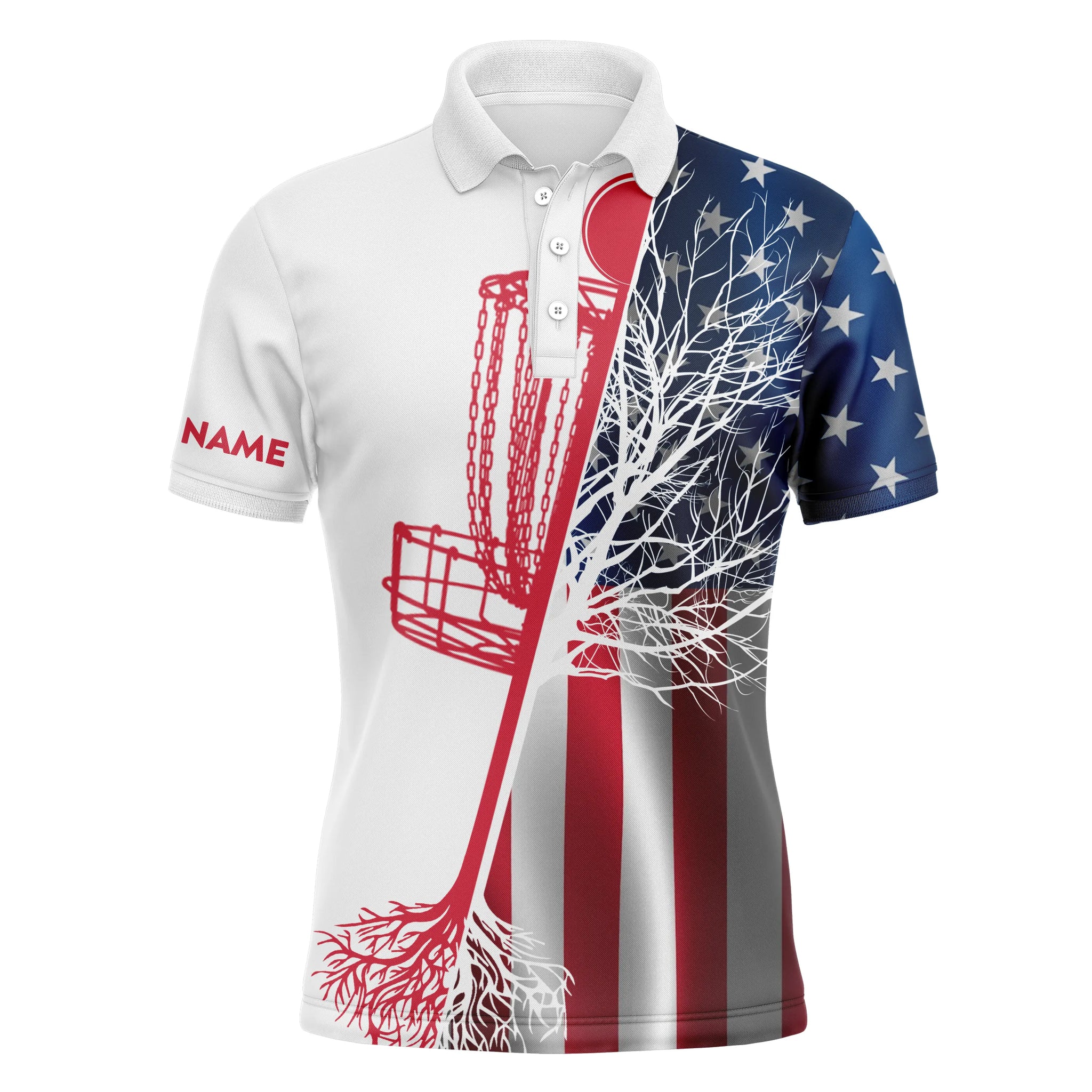 Mens disc golf polo shirt custom name American flag disc golf basket, personalized disc golf shirts NQS4738