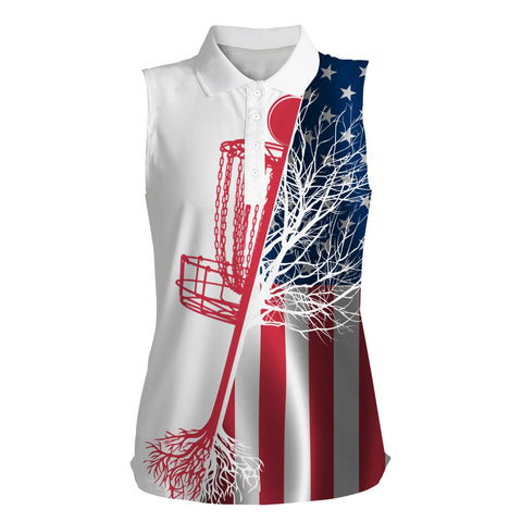 Womens disc golf sleeveless polo shirt American flag disc golf basket, patriotic disc golf shirts NQS4738