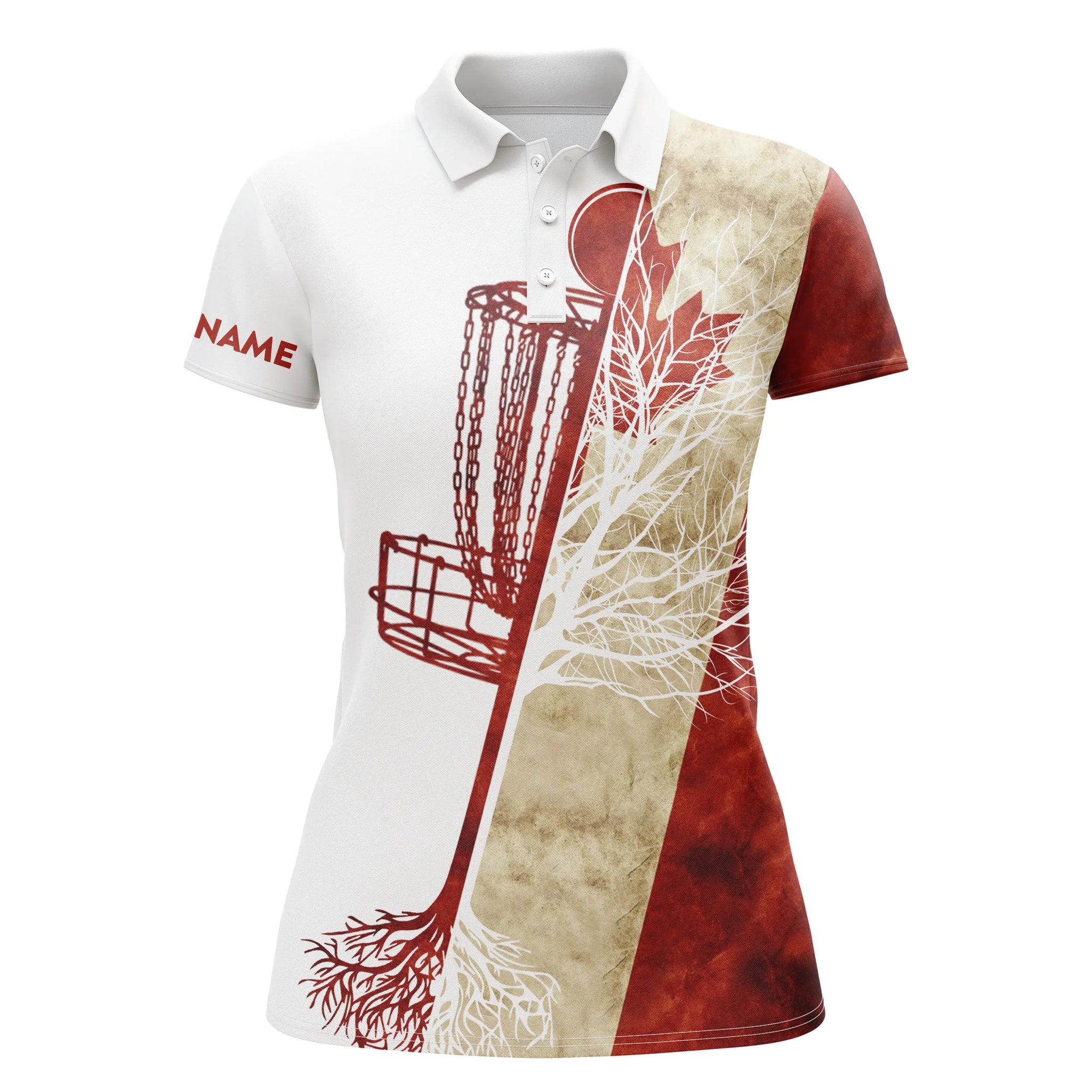 Womens disc golf polo shirt custom name Canadian flag disc golf basket, personalized disc golf shirts NQS4739