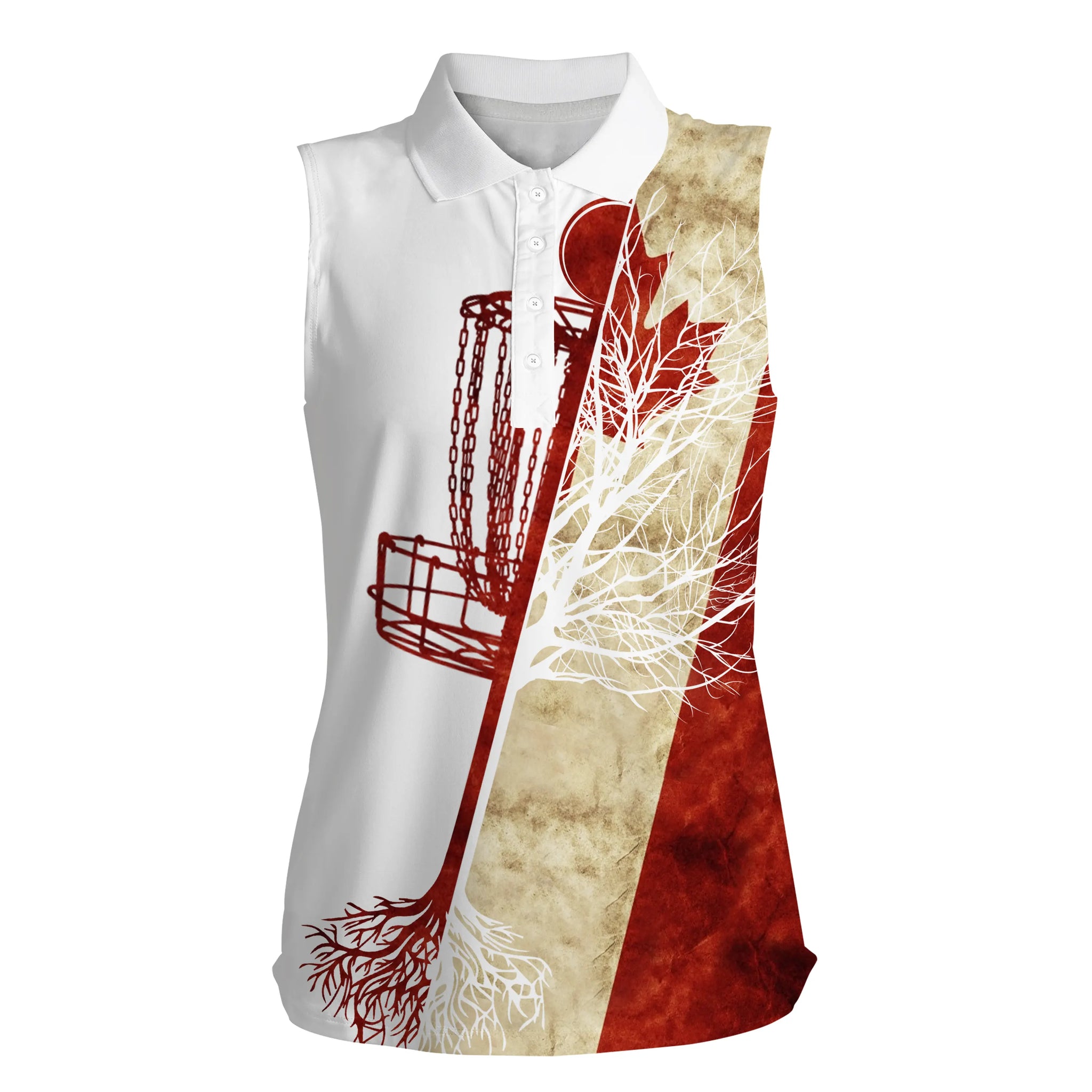 Womens disc golf sleeveless polo shirt Canadian flag disc golf basket, patriotic disc golf shirts NQS4739